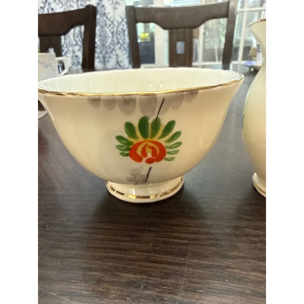 Delphine Bone China Creamer and Sugar Bowl‎ Set Floral Painted England Vintage